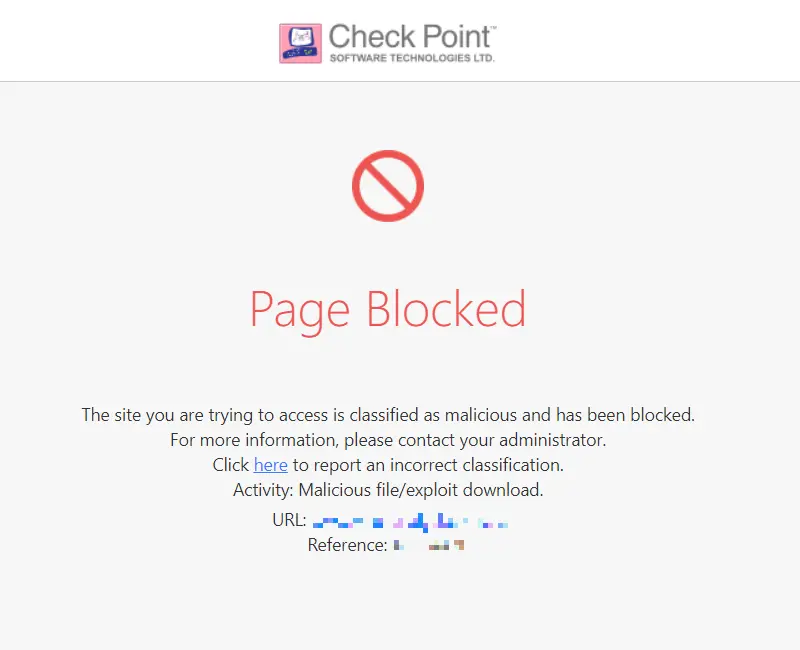 Check Point UTM が悪意のあるファイルダウンロードをブロックした画面のキャプチャ